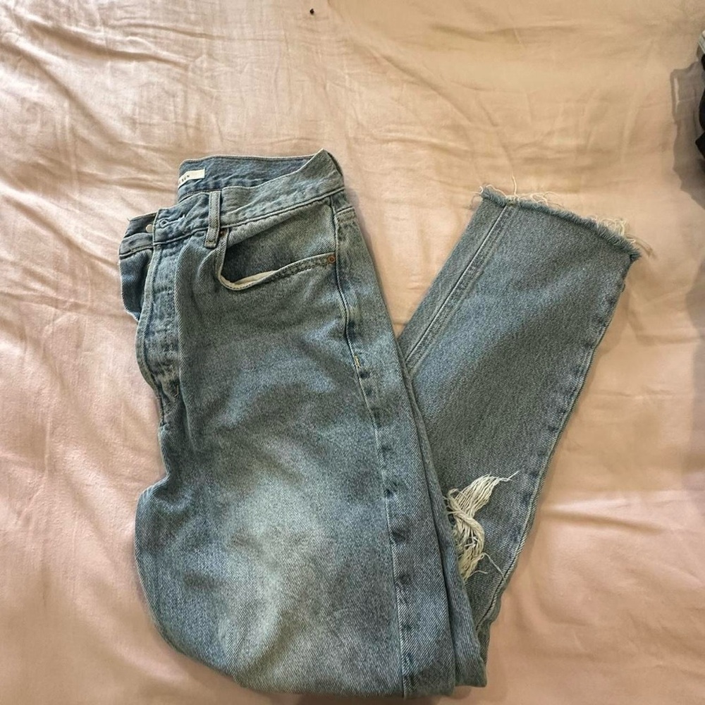 Distressed straight light wash jeans